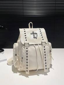 Dedoo Vintage Rivet Backpack, Retro Punk Style Travel Bag, Gothic College Style Backpack For Women - White - View 7