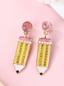 1 Pair Zinc Alloy Pencil Shaped Earrings With Faux Pearl Decor, Suitable For Girls Daily Wear - Multicolor - View 4