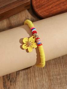 1 件时尚弹性彩色软粘土合金花卉脚链，适合海滩、度假和休闲穿着 - 黃色 - 查看 4
