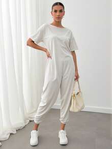 Enterizo mono jumpsuit mujer dama  manga corta cuello redondo corte relajado color lila bolsillos laterales tejido suave cómodo estilo casual moderno versátil para uso diario    Bolsillo  aberturas - Blanco - Ver 2