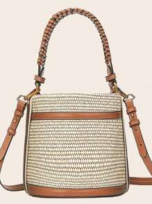 Bolso de paja estilo bohemio tipo barril pequeño - Bolso convertible tipo tote inspirado en diseñadores para playa o commute, bolso de hombro reversible con detalles de patchwork (nuevo lanzamiento de verano)