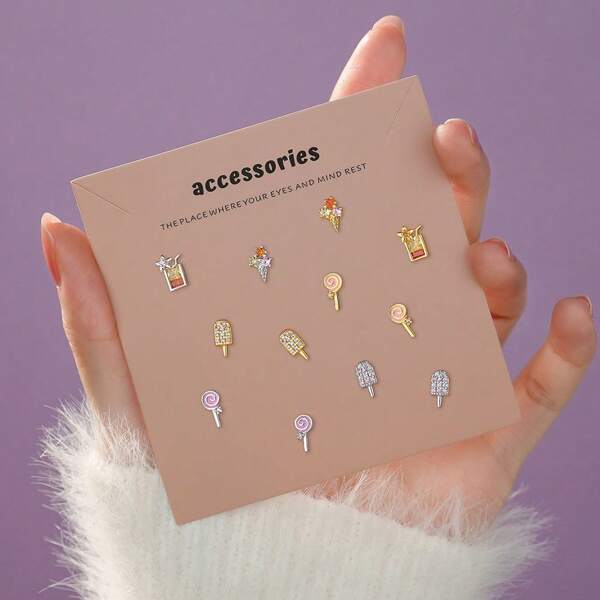 1 Pair Simple S999 Pure Silver Cubic Zirconia Ice Cream, Popsicle Stud Earrings, Suitable For Student And Ladies Everyday Wear In Summer