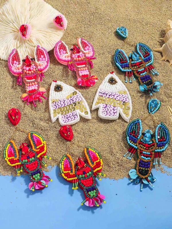 1 Pair Handmade Beaded & Rhinestone Colorful Shrimp, Fish, Turtle Shape Earrings, Creative Marine Element Handwoven Bead Jewelry, Fashionable Accessories Suitable For Women, Beach, Camping, Party