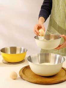 3pcs/1pc Stainless Steel Salad Mixing Bowl With Scale, Baking & Egg Beating Bowl, Vegetable Washing Basin Set - Cream - View 10