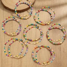 1 件夏日度假风格随机彩色米珠爱心手链，波西米亚爱心吊坠彩色串珠女士弹性手链，可堆叠彩色米珠最佳朋友手链，夏季旅行海边度假配饰，送给朋友的夏季礼物，度假礼物，沙滩礼物