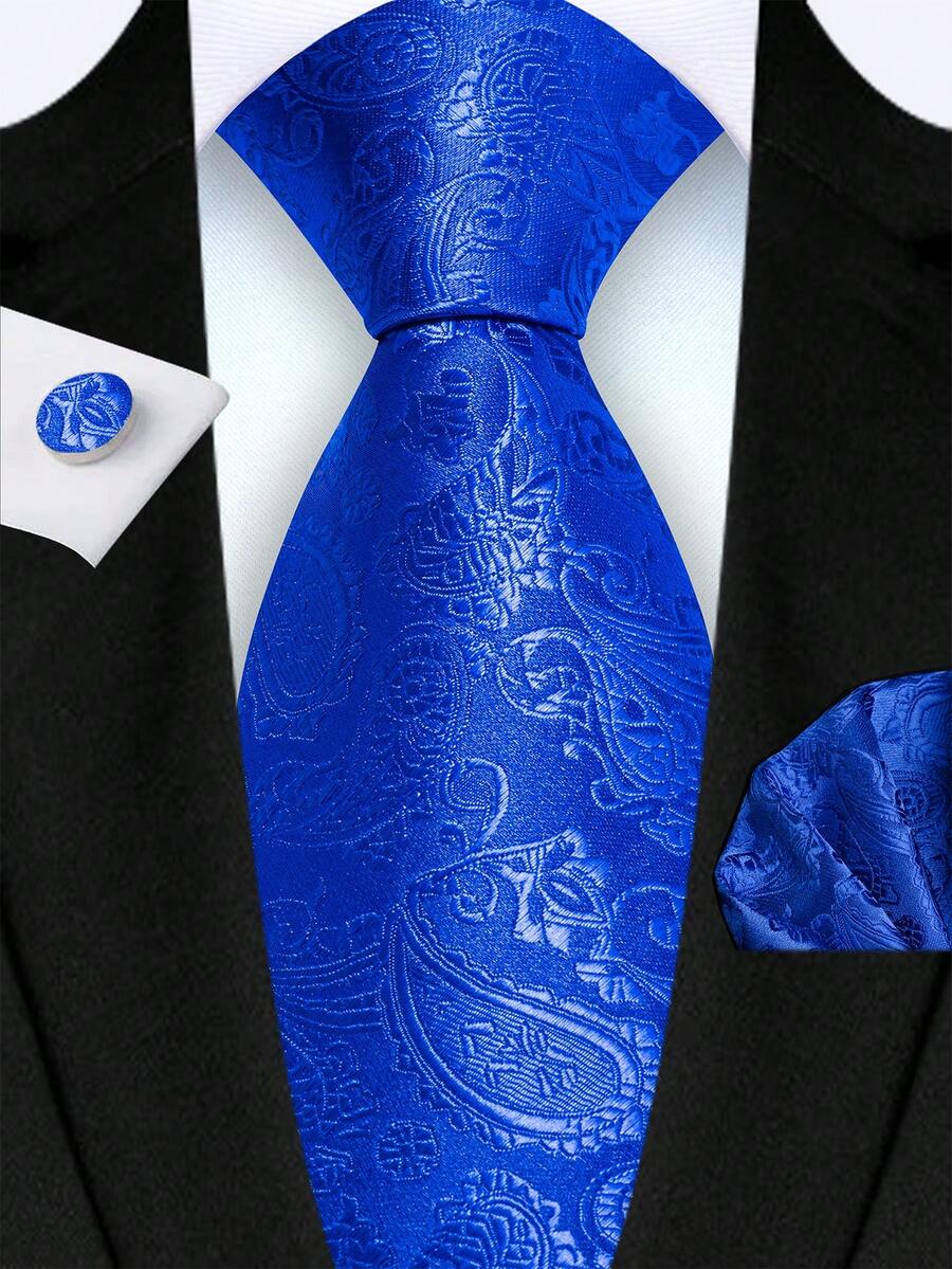3pcs Set: 8cm Wide Midnight Blue Paisley Pattern Necktie, Pocket Square & Cufflinks, High Quality Classic Fashion Business Casual Tie Set, Men's Wedding Accessories, Family/Christmas/Party Gift - Royal Blue - View 1