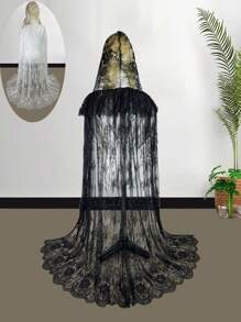 1pc Lace Hooded Cape Shawl, Black/White, For Wedding Bride, Holiday/Party Dress-Up