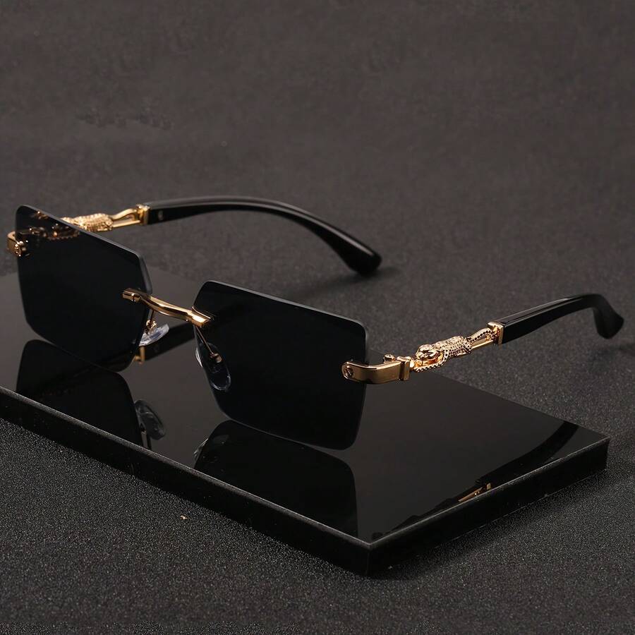 1 Pair Men's Classic Rectangular Rimless Luxury Fashion Eyeglasses, Suitable For Daily Life And Outdoor Travel Accessories Back To School Fashionable Preppy School Look - Gold - View 1