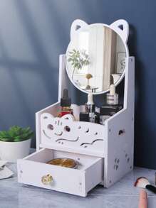 1 Stück Kosmetikspiegel mit Schubladen, zweistöckige Aufbewahrungsbox, staubdichter Make-up Organizer Regal, Tischspiegel mit Fächern