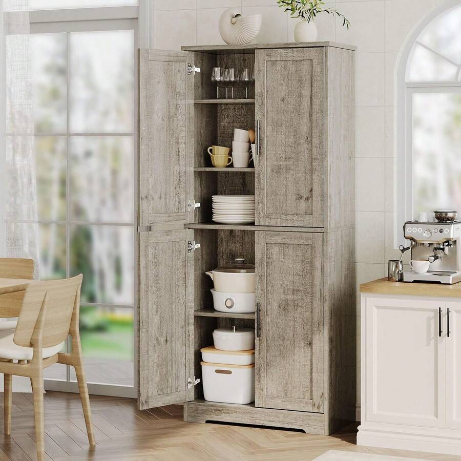 70in Tall Kitchen Pantry Cabinet, Freestanding Storage Cabinet With 4 Doors And 3 Adjustable Shelves, Large Utility Hutch CupboardLarge Utility Hutch Cupboard Freestanding Cupboard, Modern Storage Cabinets For Dining Room, Bathroom, Living Room - Xám - Xem 1