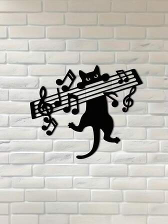 迷人的金属猫演奏音乐音符墙饰 - 独特的家居和工作室艺术礼物，适合钢琴教师和音乐爱好者，现代风格，无需电源，家居墙壁艺术 | 异想天开的猫咪艺术 | 黑色饰面装饰，送给猫爱好者的礼物