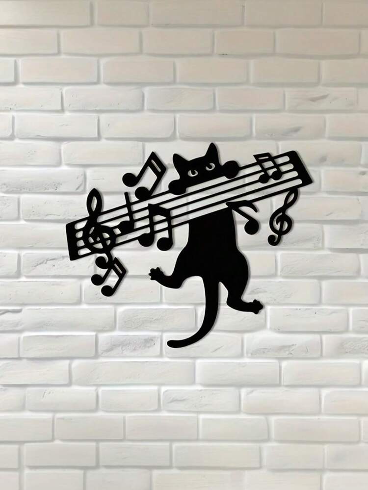 Enchanting Metal Cat Plays Music Note Wall Decor - Unique Home And Studio Art Gift For Piano Teachers And Music Lovers, Modern Style, No Power, Home Wall Art| Whimsical Cat Art| Black Finish Decoration, Gift For Cat Lovers - Multicolor - View 1