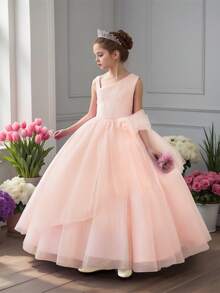 Girls' Elegant Off-shoulder Tulle Fluffy Princess Dress, Solid Colour Prom/flower Girl/cocktail Party Dress - Baby Pink - View 2