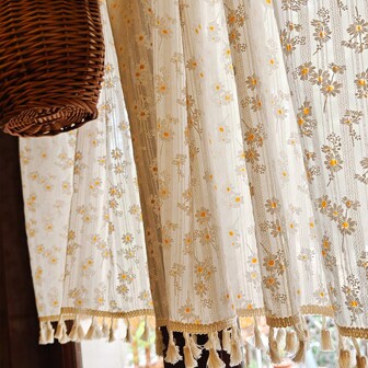 1pc Short Curtains&Window Curtains&Coffee Curtains Without Curtain Rod, Retro Pastoral Romantic Style Daisy Pattern Semi Blackout Beige Tassel Window Curtains, Suitable For Home And Commercial Use, For Kitchen&Window Decoration&Retro Window Matching&Christmas Window Decoration