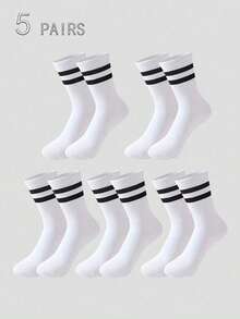 5 Pairs/10 Pairs White, Black, Gray Solid & Double Stripe Neutral Mid-Calf Socks, Everyday, Minimalist, Elegant Mid-Calf Socks - Multicolor - View 9