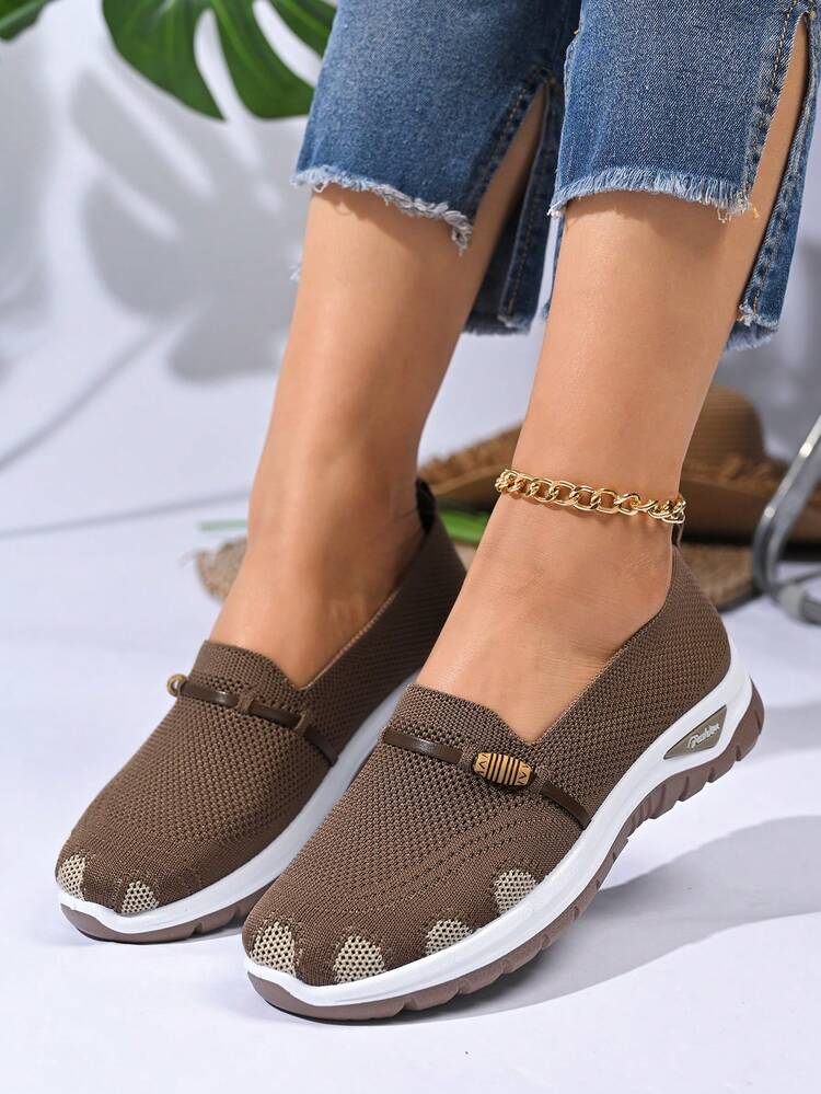 女士新款时尚舒适柔软轻便透气一脚蹬运动跑步鞋，防滑平底鞋 - 咖啡棕 - 查看 12