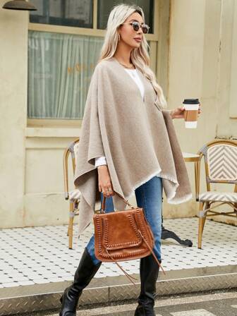 1pc Plus Size Solid Color Ribbed Asymmetric/Asymmetrical Cardigan, Suitable For Daily, Airport, Travel In Spring, Autumn, Winter