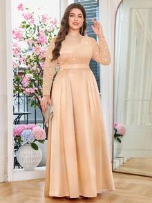 Plus Sequin Lace Contrast Satin Pleated Hem Elegant Prom Evening Party Formal Dress, Wedding Guest Dress, For Birthday, Homecoming, Festivals - Champagne - View 9