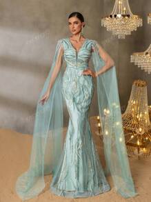 Faeriesty FAERIESTY Opulent Beaded V-Neck Evening Gown With Floor-Length Sheer Sleeves, Mermaid Silhouette & Dramatic Train | Luxury Red Carpet Dress For Galas, Formal Dinners, Wedding Receptions, Opera Galas, And Black-Tie Balls