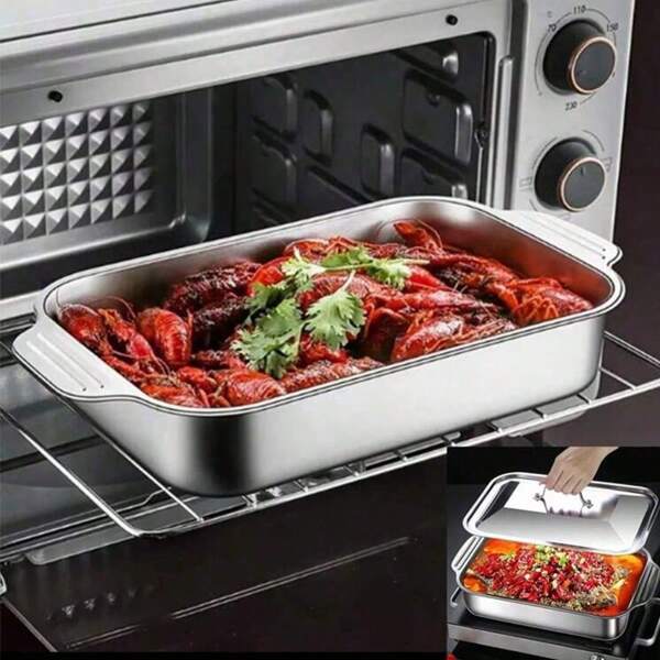 1pc Square Stainless Steel Baking Tray With Lid, Rectangular Tray, Baking Tray.Non-Stick Thickening-Double Handles.Perfect For Barbecues, Grilled Fish, Seafood, Buffets, Desserts, Bread.It Is An Essential Tool For Home Cooking, Hotel Restaurants, And Food Stalls