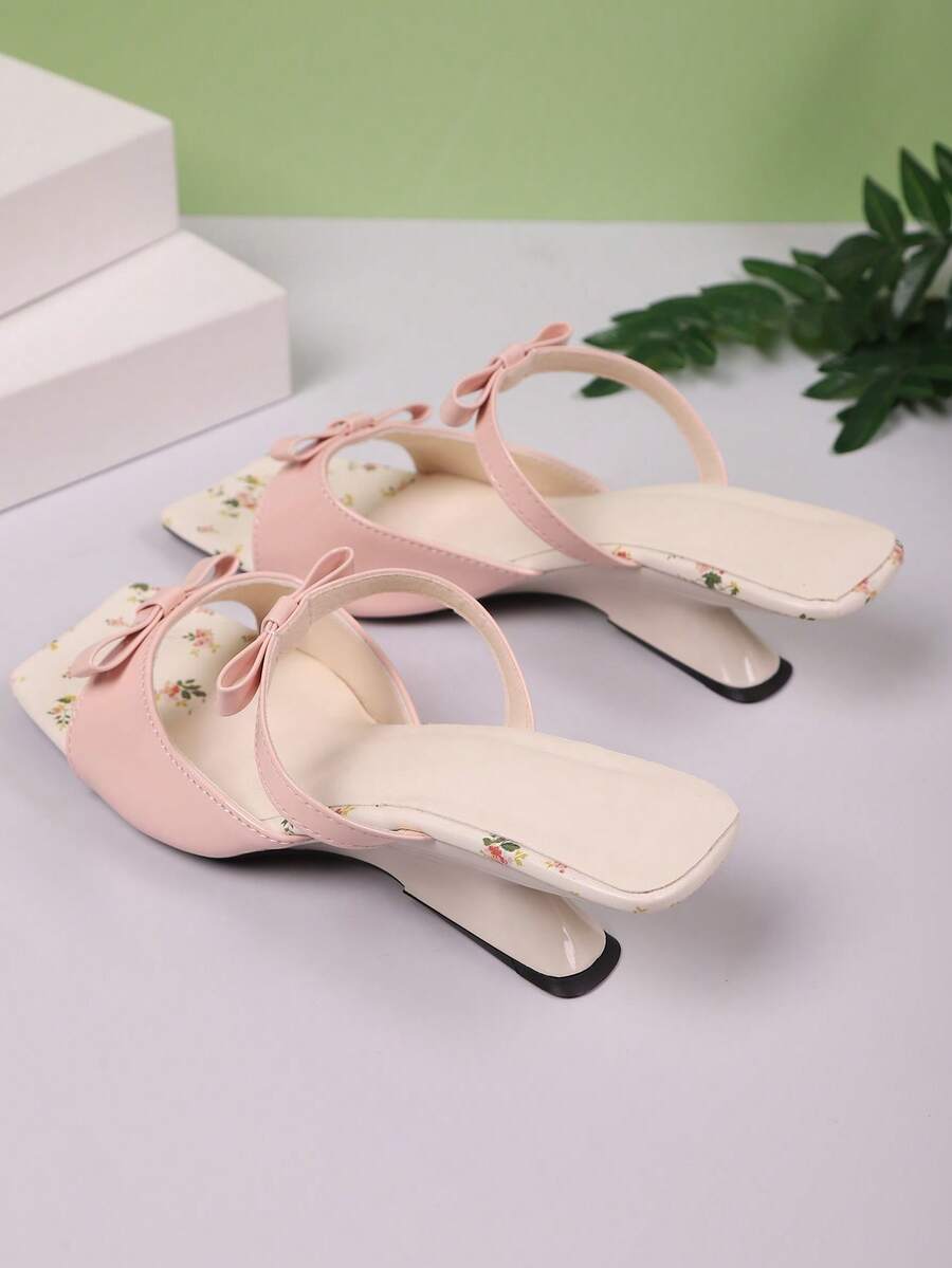 Sandalias planas elegantes y bohemias con decoración de lazo francés de un solo color, nuevas sandalias de verano con puntera abierta y tacones altos preciosos para vestidos - rosa - Ver 1