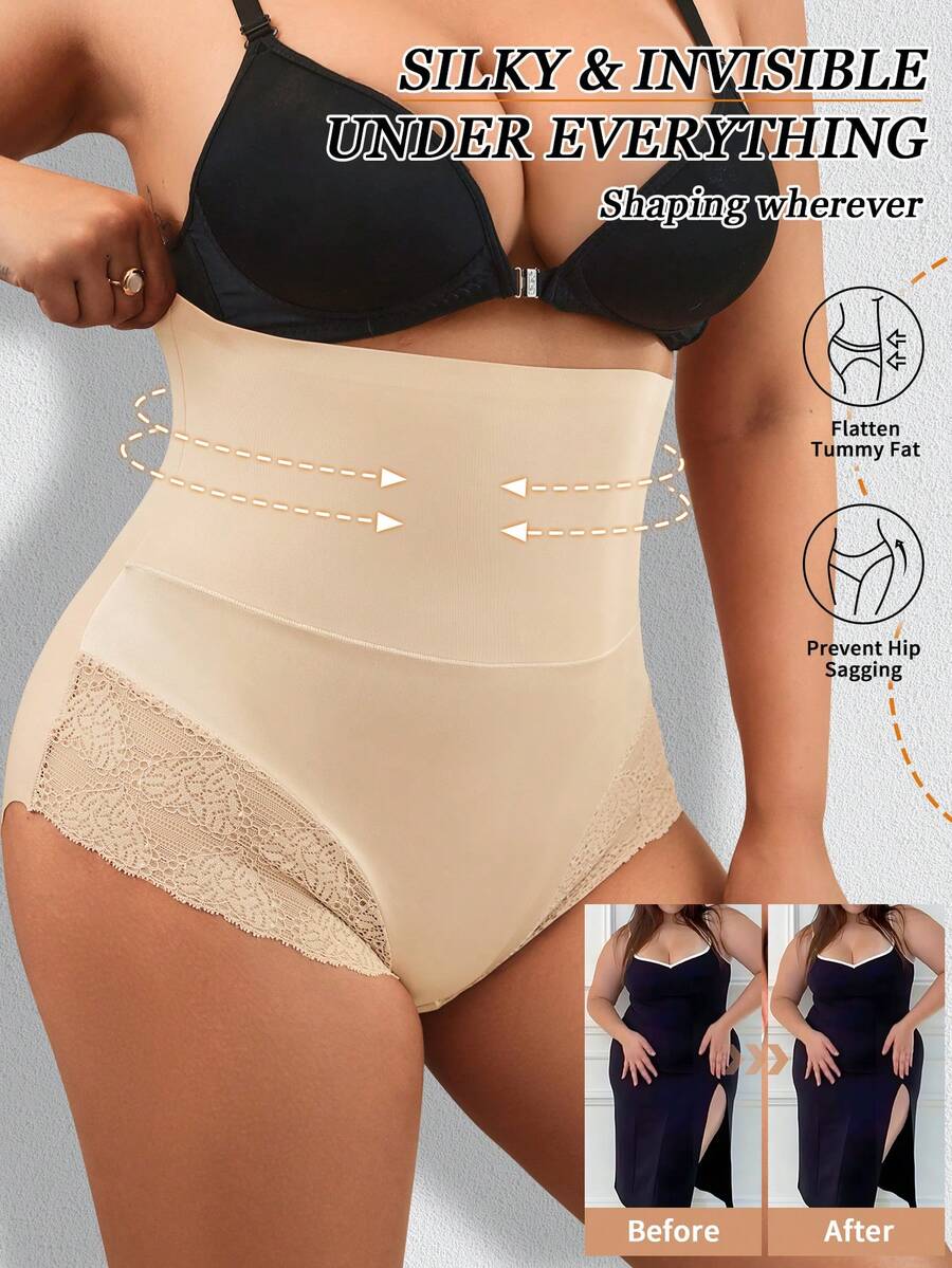 Plus Size Women Shapewear Bottoms, Waist & Abdomen Shaper, Lace & Satin High-Waisted Shaping Panty - Apricot - View 1