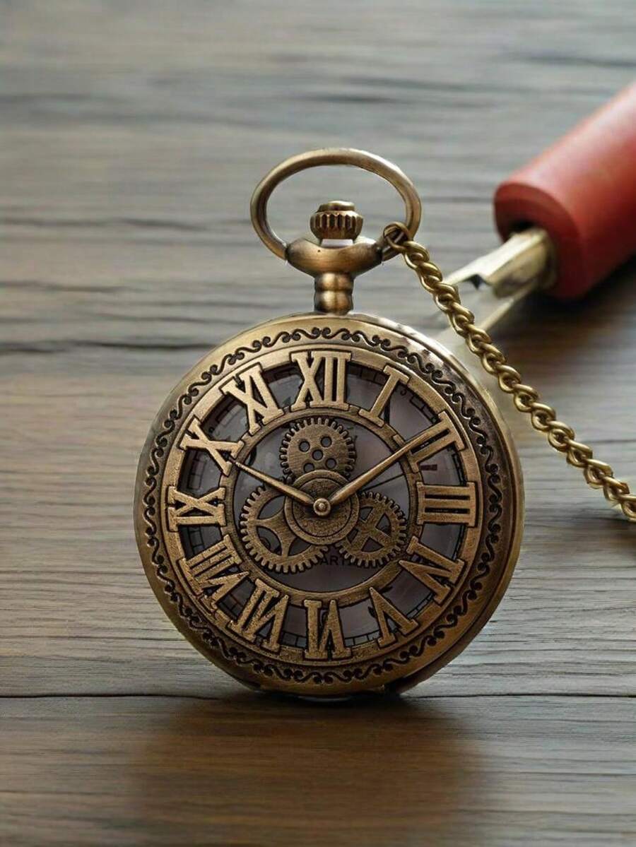 大型古董机械怀表，采用罗马数字和镂空设计，带有时间齿轮 - 青古色 - 查看 1