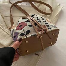 Bolso balde lindo para damas, bolso de mano pequeño y lindo con flores, billetera con flores, mini bolso estético bohemio con bordado, bolso de cordón tipo cubeta con punto de aguja, bolso cruzado mini
