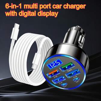 66W For IPhone 15/16 Pro Max USB C Car Charger,6-Port USB-C&USB-A Car Charger Adapter, Fast Charging USB C Cigarette Lighter Adapter+ 6ft USB C Cable, Suitable For IPhone 15/16/16 Plus/16 Pro/16 Pro Max, IPad, Galaxy Oneplus Oppo Vivo