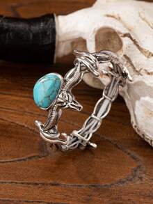 1 pieza Brazalete de puño elástico con concha de cabeza de vaca decorada con piedra de turquesa azul, joyería de estilo vaquero para mujer