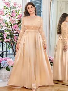 Plus Sequin Lace Contrast Satin Pleated Hem Elegant Prom Evening Party Formal Dress, Wedding Guest Dress, For Birthday, Homecoming, Festivals - Champagne - View 10