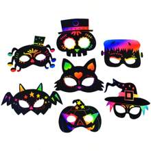 Set de 8 piezas Kit de máscaras de arañazos de Halloween DIY con papel de rascar arcoíris, máscaras y lápices de madera con cintas para decoración de fiestas de Halloween