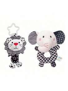 Cute & Funny Black & White Rattle Animal Plush Decoration - Zebra, Fox, Lion, Elephant, Soft Hanging Rattle For Infant & Toddler, Attractive Baby Toy