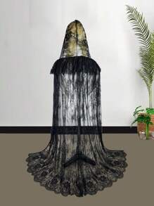 1pc Lace Hooded Cape Shawl, Black/White, For Wedding Bride, Holiday/Party Dress-Up