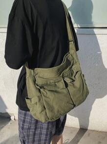 Oversized Washed Canvas Messenger Bags, Casual Shoulder Bags For Men, Minimal & Artistic Vibe, Large Capacity Canvas Flap Satchel Bags For Students, Solid Color