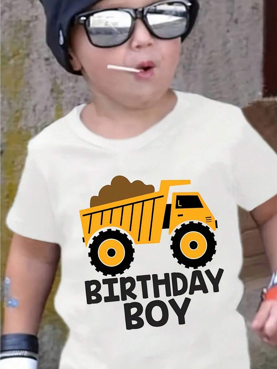 Kids Birthday Boy T-Shirt, Crew Neck, Big Truck Print, Cotton, Slight Stretch, Regular Fit, Spring/Summer Knit Fabric Top, 180g/M2, Party Wear For Children - 白色 - 查看 1