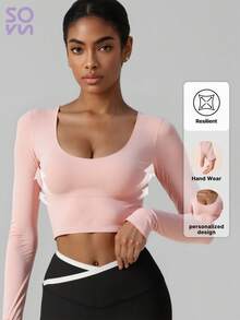 Soyun Áo ngực chéo nữ tay dài bó sát phong cách thể thao thích hợp cho các hoạt động ngoài trời du lịch nhà giải trí tiệc tùng văn phòng phòng tập thể dục - Hồng - Xem 2