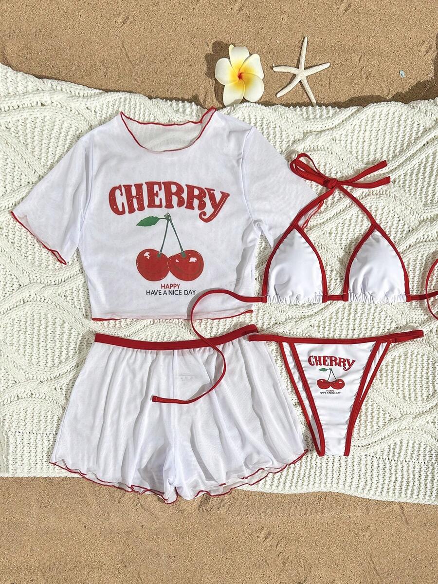 4pcs Women High Elasticity Cherry Pattern Cute Lace-Up Bikini Swimsuit, Sweet Fruit Design Beach Swimwear Holiday Party Summer Resort