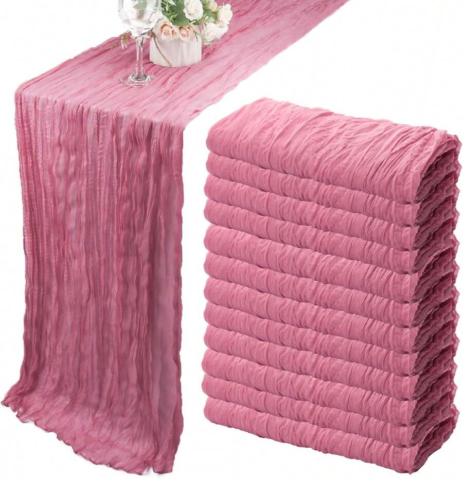 12 Pack 10Ft Cheesecloth Boho Gauze Table Runner - 35x120 Inch Rustic Cheese Cloth Long Runner For Wedding, Bridal Shower, Birthday Party Decor (Dusty Rose) - 彩色 - 查看 1