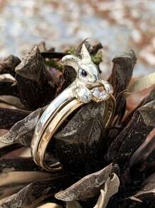 2pcs/Set Silver Rabbit Ring + Gold Rhinestone Ring Set, Cute Red-Eyed Rabbit Adjustable Rings, Jewelry Gift For Women