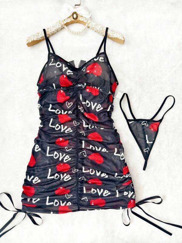 2pcs/Set New Printed Mesh See-Through Sling Nightdress + G-String Sexy Lingerie Set