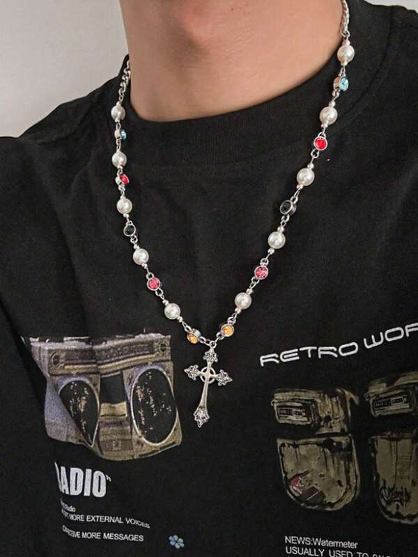 1pc Fashion Personalized Iron Chain, Faux Pearl Colorful Rhinestone Cross Pendant Necklace, Unisex Casual & Party Jewelry, Gift Idea