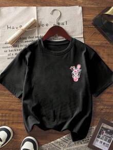 1pc Girls' Floral Print Short Sleeve T-Shirt, Student & Teen Comfortable And Fashionable Summer Top - Black - View 5