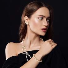 Glenmal Pearl Rhinestone Jewelry Set For Women Pearl Necklace Bracelet Earrings For Wedding Birthday Bridal Shower Tea Party - Phong cách giản dị - Xem 4