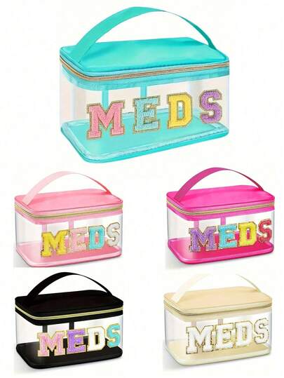 Chenille Letter Patch Toiletry Bag, MEDS Cosmetic Bag With Handle, Transparent PVC Travel Medicine Storage Bag, Waterproof Nylon Zipper Toiletry Bag, Medicine Storage Bag,Christmas Gifts,Pouch,Travel,Gifts For Women,Women's Necessaire,Travel Essential,Pouch,Clutch / Small Handbag,Necessaire,Makeup Organizer,Makeup Organize,Pouch,Brush Holder,Mini Pouch,Large Capacity Pouch