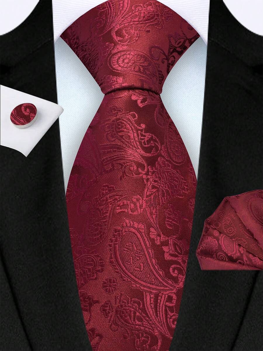 3pcs Men's Tie, Pocket Square, Cufflink Set - 8cm Wide Burgundy Paisley Pattern, Classic Fashion Business Casual Tie Set, Suitable For Wedding, Christmas, Party Gift - Burgundy - View 1