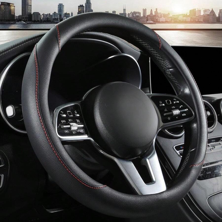 GEOXSCar Steering Wheel Cover Leather Steering Wheel Cover Universal 15 Inch AntiSlip Comfortable Steering Wheel Covers Men Women Black 2ssfhg5adh1 - Black - View 1