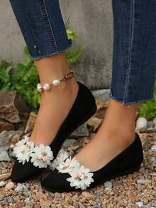 女士 3D 花卉尖头平底厚底鞋，橡胶底防滑耐磨轻便鞋，新款春秋法式优雅伴娘鞋