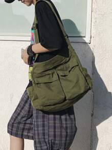Oversized Washed Canvas Messenger Bags, Casual Shoulder Bags For Men, Minimal & Artistic Vibe, Large Capacity Canvas Flap Satchel Bags For Students, Solid Color