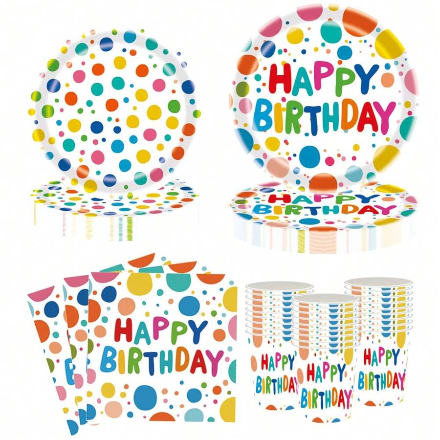 10 件/20 件/50 件/套，生日快乐派对用品套装，一次性纸质生日盘子、餐巾、杯子和彩色装饰物品，时尚派对礼物，圣诞节 - 彩色 - 查看 1